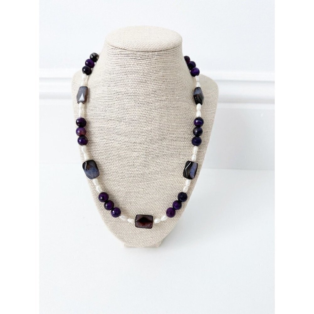 NWT Genuine Pearls & Agate Necklace Purple White Beades
